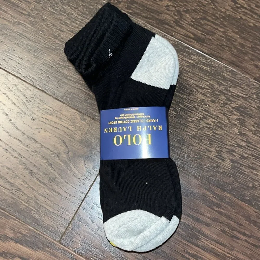 New Black & Gray 2 tone Polo Ralph Lauren 6 Pack Quarter Length Sport Sock Pony